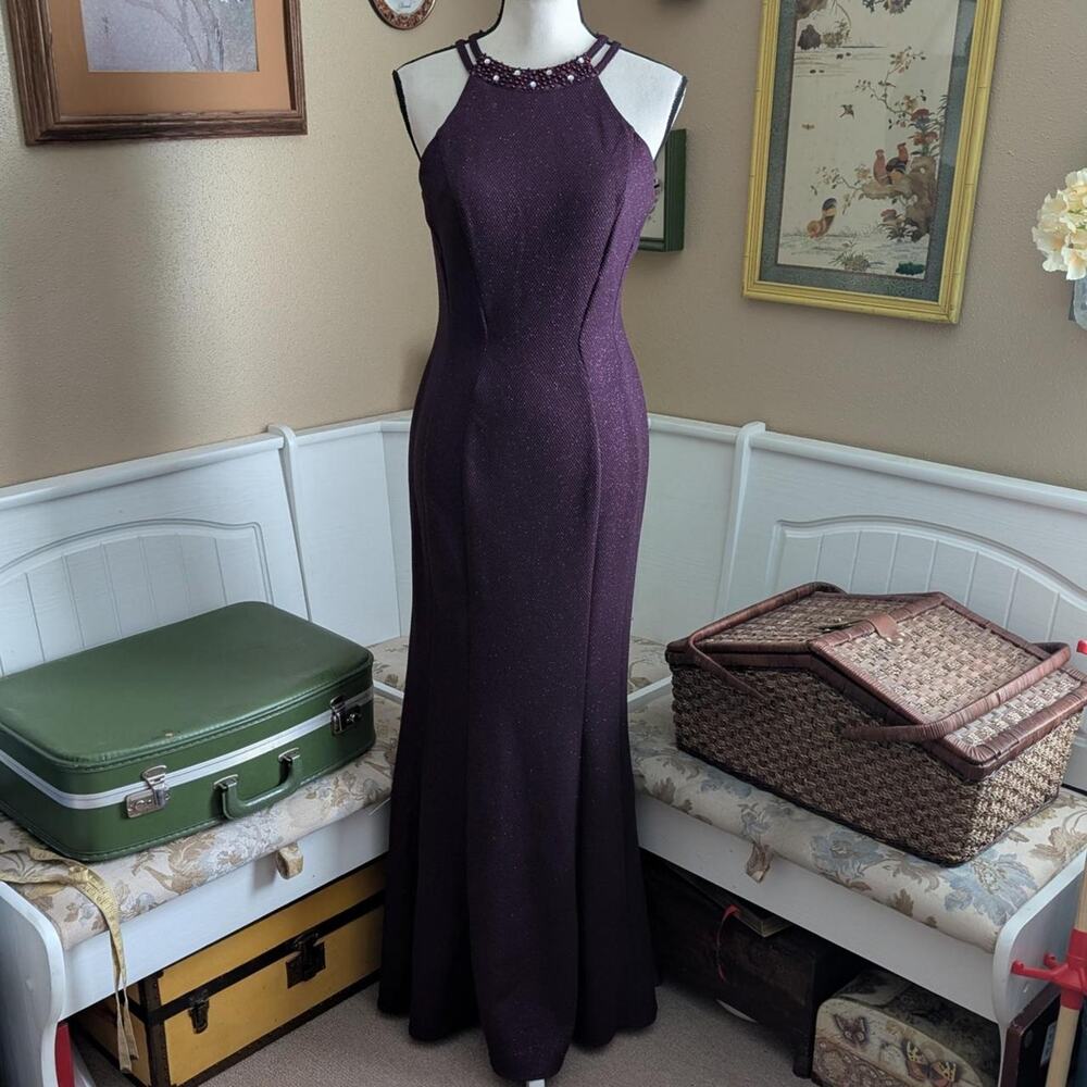 NightWay Metallic/Glitter Beaded High Neck Halter Evening Gown
